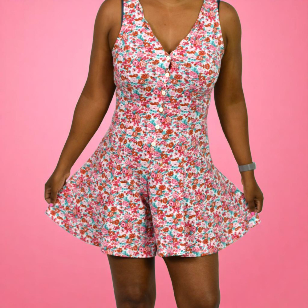 Sporting Club Vintage Floral Romper Pink Cotton Playsuit Buttons Wide Leg Small